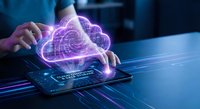 Businessman using tablet with glowing cloud computing hologram for data storage and digital transformation in modern office environment.