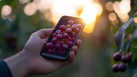 Hand holding smartphone displaying fresh red grapes photo against natural sunset bokeh background, demonstrating creative mobile photography and food styling concept.