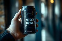 Black aluminum can with condensation drops held in hand against blurred background, showing minimalist design and cold refreshing beverage concept.
