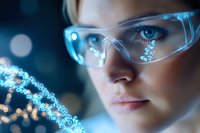 Young Caucasian female scientist in protective eyewear examining glowing DNA structure model with blue neon light effect in dark laboratory setting.
