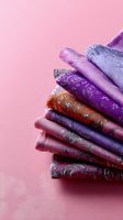 Stack of folded purple and orange paisley patterned fabric swatches with ornate floral designs on pink background, showcasing textile variety and craftsmanship.