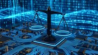 Digital justice scales on circuit board with binary code background representing legal technology and cyber law enforcement in modern society.