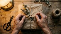 Person tying twine around kraft paper gift box with eucalyptus leaves on wooden table, overhead view for gift wrapping and present preparation projects.