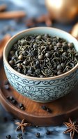 Aromatic black peppercorns and star anise in decorative ceramic bowl on wooden plate, creating rustic culinary composition for cooking and seasoning.