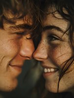 Intimate close-up portrait of young couple with freckles sharing tender moment in golden sunlight with shadows creating romantic atmosphere for love concepts.