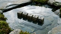 Row of five wooden crates floating in clear shallow water surrounded by moss-covered rocks and natural stone formations, suitable for conceptual and editorial projects.