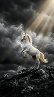 Majestic white stallion rearing on rocky cliff against dramatic stormy sky with golden sunbeams breaking through dark clouds creating powerful equestrian scene.
