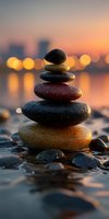 Zen stone stack balanced on pebbles at sunset with city bokeh lights reflecting on water creating peaceful meditation atmosphere for wellness and mindfulness concepts.