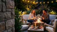 Couple enjoying romantic evening on outdoor patio with fire pit, string lights and cozy seating area for relaxation and entertainment.