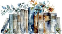 Watercolor books with floral arrangements on white background. Stack of vintage literature with blooming flowers and eucalyptus branches for education design.