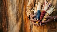 Farmer holding colorful corn cobs with blue, red, and yellow kernels in weathered hands against rustic brown background. Harvest concept.