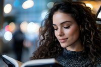 Young Hispanic woman with curly dark hair reading book in evening city setting with bokeh lights, wearing gray sweater, expressing peaceful contentment.