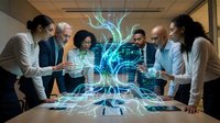 Diverse business team collaborating around futuristic holographic brain interface displaying neural networks and AI technology in modern office.