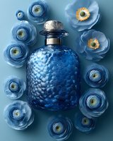 Elegant blue glass bottle with water drops surrounded by delicate ranunculus and anemone flowers on monochromatic blue background. Luxury cosmetic concept.