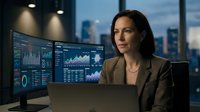 Professional businesswoman analyzing financial data on multiple monitors in modern office environment with city skyline view during evening hours.