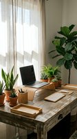Modern home office workspace with laptop, plants and natural light streaming through window creating productive work environment for remote professionals.