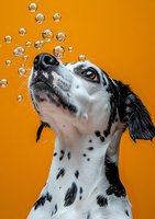 Curious Dalmatian dog looking up at floating water drops against vibrant orange background, showcasing playful expression and spotted coat pattern.