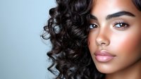 Young African American woman with glowing skin, natural makeup, and glossy curly black hair against light blue background. Professional beauty portrait.