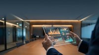 Businessman holding tablet displaying financial analytics and bar charts in modern office conference room with ambient lighting and city views.