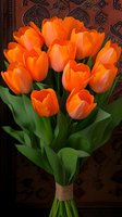 Vibrant orange tulip bouquet with fresh green stems tied with rustic twine string against dark patterned background, creating dramatic spring floral arrangement.