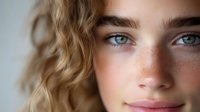 Close up portrait of young woman with natural freckles, blonde curly hair and blue eyes looking at camera with gentle smile, soft natural lighting.
