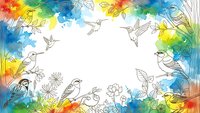 Vibrant watercolor rainbow border frame with hand-drawn birds and flowers on white background for creative design projects and artistic layouts.