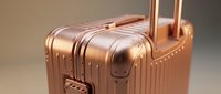 Rose gold metallic hardshell suitcase with ribbed texture and telescoping handle, luxury travel luggage on neutral background.