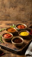 Assorted colorful sauces and condiments in wooden bowls on rustic cutting board for cooking and food preparation.