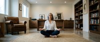 Woman in white shirt meditating cross-legged on beige carpet in modern living room with leather furniture, bookshelves, and natural light from windows for wellness and mindfulness content.