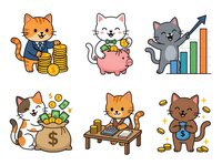 Cartoon cats with money, coins, and financial success symbols isolated on white background, suitable for business, finance, and wealth-related designs, clipart, and marketing materials.