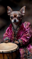 Chihuahua dog wearing luxurious pink velvet and floral kimono plays traditional drum against dark background. Creative pet portrait combines Asian cultural elements.