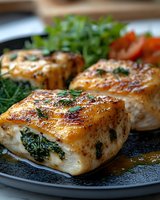 Grilled chicken breast stuffed with spinach and herbs on dark plate, garnished with fresh parsley and cherry tomatoes for gourmet dining presentation.