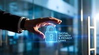 Business professional hand protecting digital security lock icon with privacy laws text in modern office environment for cybersecurity and data protection concepts.