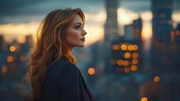 Young woman with red hair in profile against blurred city lights at sunset, wearing dark sweater, atmospheric urban portrait with bokeh background and moody evening lighting.