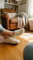 Cozy feet in warm wool slippers relaxing at home with leather armchair and soft blanket in sunlit living room for comfort and hygiene concepts.