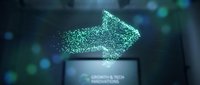 Digital arrow pointing right made of glowing green particles on dark tech background, representing growth, innovation, and forward progress for business presentations.