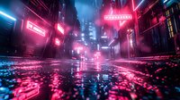 Futuristic cyberpunk cityscape with neon signs reflecting on wet streets, combining vibrant pink and blue colors for atmospheric night urban scene perfect for modern design projects.