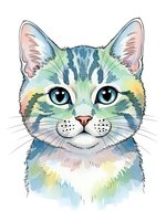 Watercolor kitten portrait with colorful fur in pastel tones isolated on white background for pet lover designs and nursery decor projects.