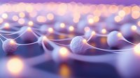 Glowing network of interconnected spherical nodes with soft bokeh lights creating futuristic abstract pattern in purple and orange tones. Suitable for technology concepts.