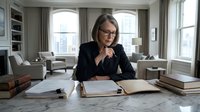 Professional mature businesswoman with glasses working at desk in modern office reviewing documents and paperwork during daytime meeting preparation.