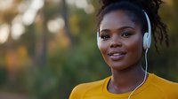 Young African American woman wearing white headphones and yellow shirt smiling outdoors with natural bokeh background for lifestyle and music concepts.