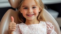 Young girl with blonde hair wearing lace dress shows thumbs up while sitting in dental chair, expressing positive attitude during medical checkup. Bright genuine smile.