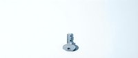 Metal zinc-plated furniture cam lock connector hardware isolated on white background for assembly and woodworking projects.