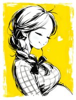 Young Asian woman with braided hair and bow tie smiling gently against yellow background, drawn in expressive black and white ink brush style for fashion illustration.