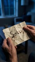 Elderly hands holding a crumpled aged paper note with the word Sorry written in dark ink, moody indoor setting conveying regret and emotion.
