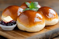 Fresh homemade brioche buns with glossy top served on wooden board, accompanied by butter and berry jam in small white bowls, garnished with fresh basil leaf.