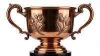 Elegant copper trophy cup with ornate handles and floral engravings isolated on white background for awards ceremonies and recognition events.
