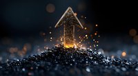 Glowing upward arrow emerging from dark ground with magical sparkles and bokeh lights, symbolizing growth, success and breakthrough in business concept.