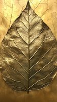 Golden leaf macro showing detailed vein structure and natural texture on metallic background, dramatic lighting highlights organic patterns and botanical details.