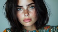 Young woman with bright blue eyes, dark tousled hair, and natural freckles gazes intensely at camera against soft teal background. Natural beauty portrait.